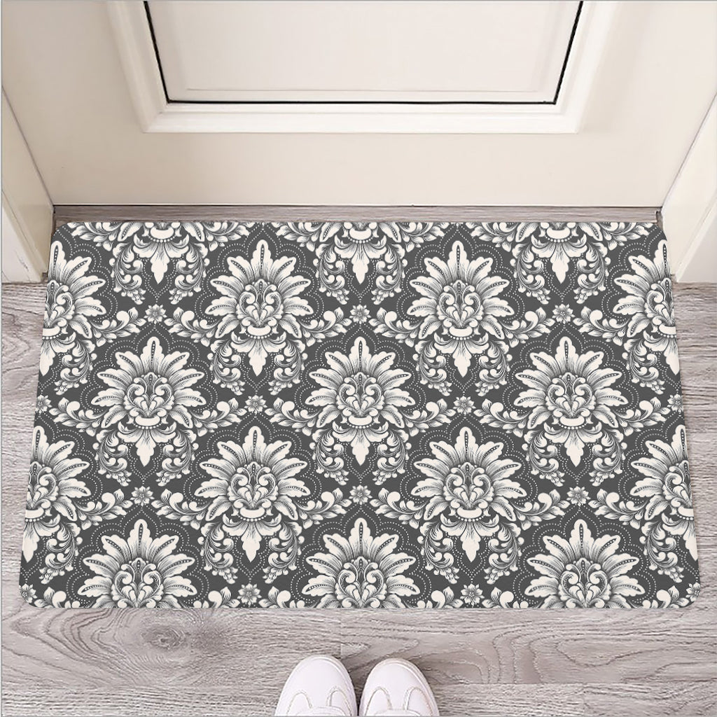 Grey Damask Pattern Print Rubber Doormat