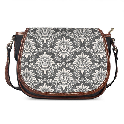 Grey Damask Pattern Print Saddle Bag
