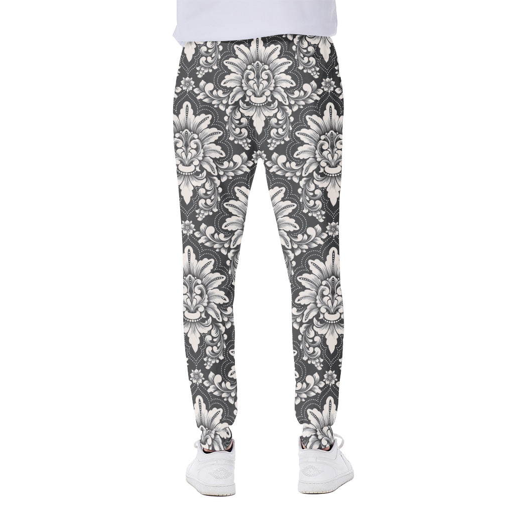 Grey Damask Pattern Print Scuba Joggers