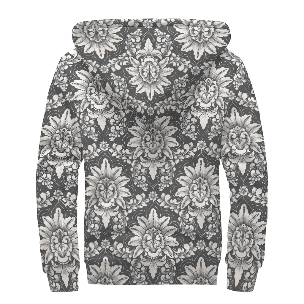 Grey Damask Pattern Print Sherpa Lined Zip Up Hoodie