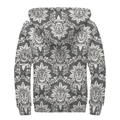 Grey Damask Pattern Print Sherpa Lined Zip Up Hoodie