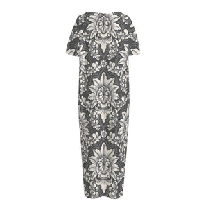 Grey Damask Pattern Print Short Sleeve Long Nightdress