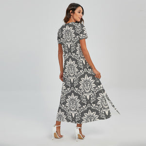 Grey Damask Pattern Print Short Sleeve Maxi Dress