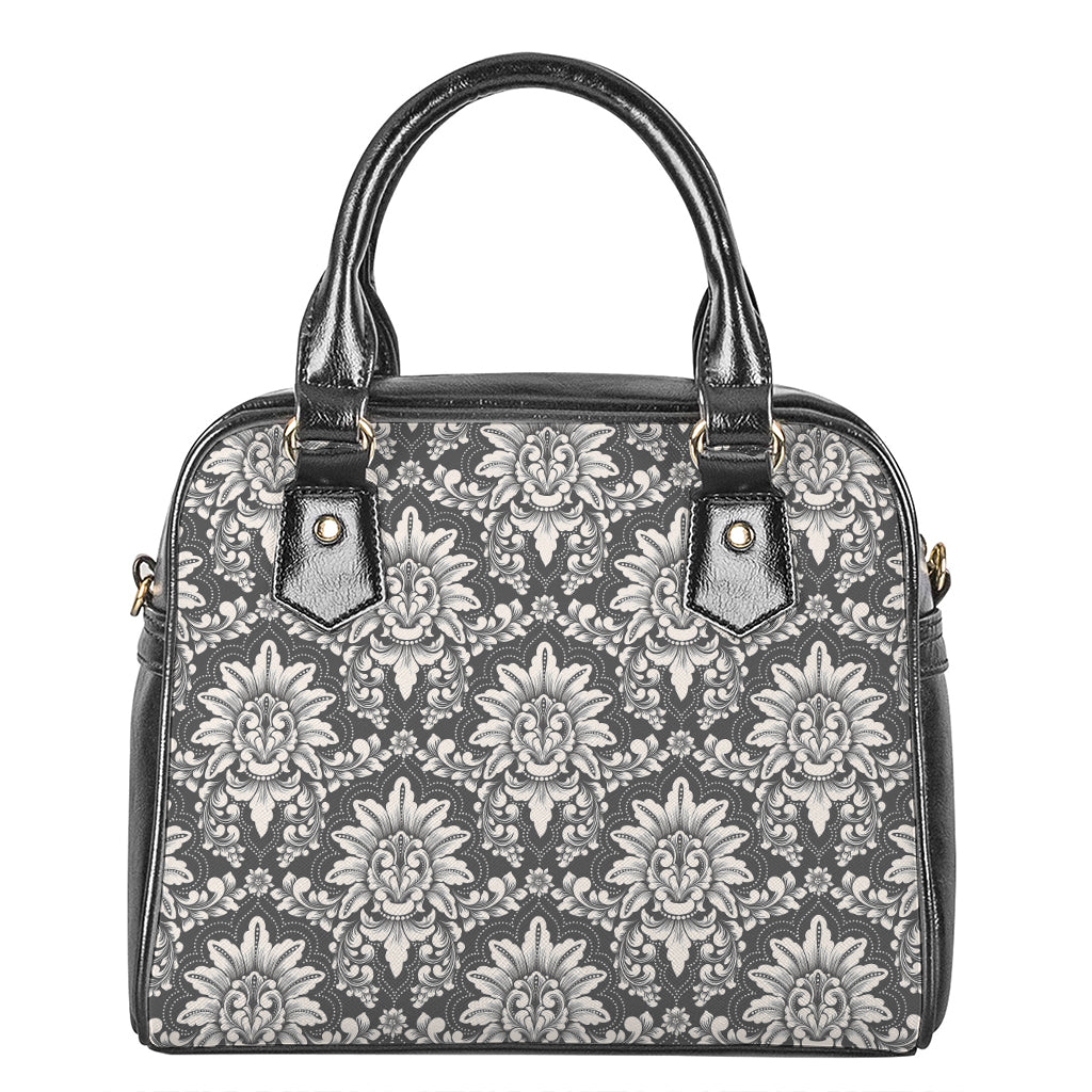 Grey Damask Pattern Print Shoulder Handbag