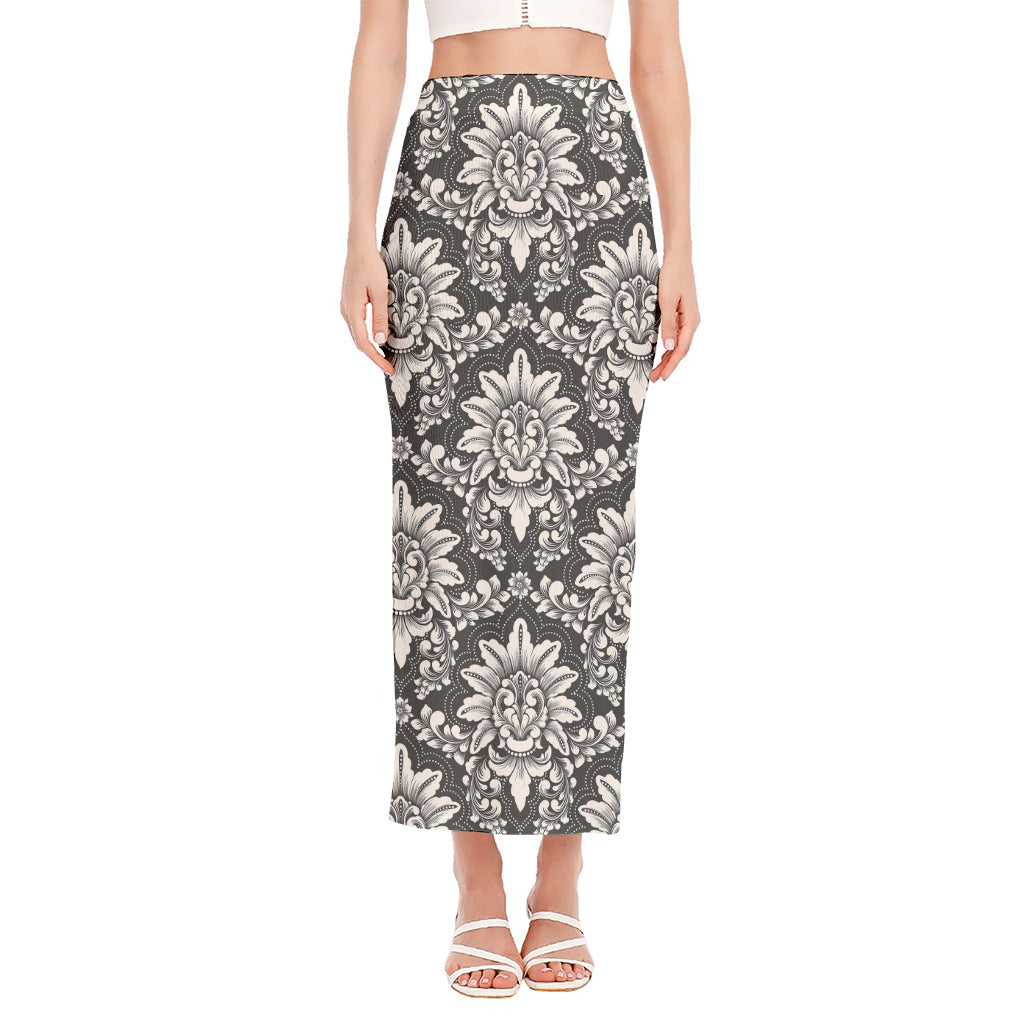 Grey Damask Pattern Print Side Slit Maxi Skirt