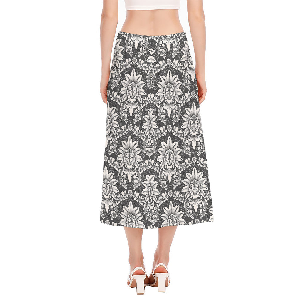 Grey Damask Pattern Print Side Slit Midi Skirt