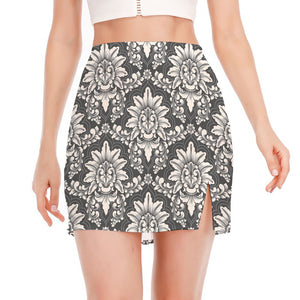 Grey Damask Pattern Print Side Slit Mini Skirt