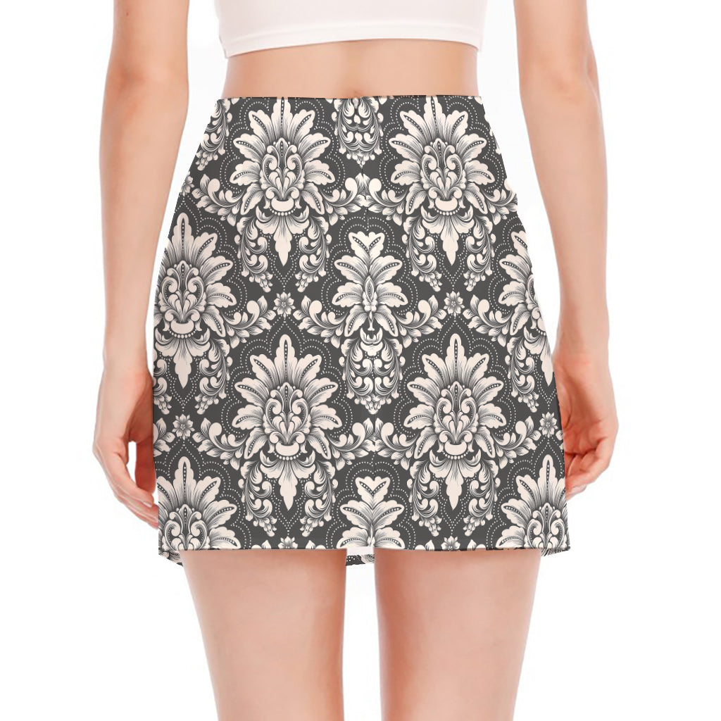 Grey Damask Pattern Print Side Slit Mini Skirt