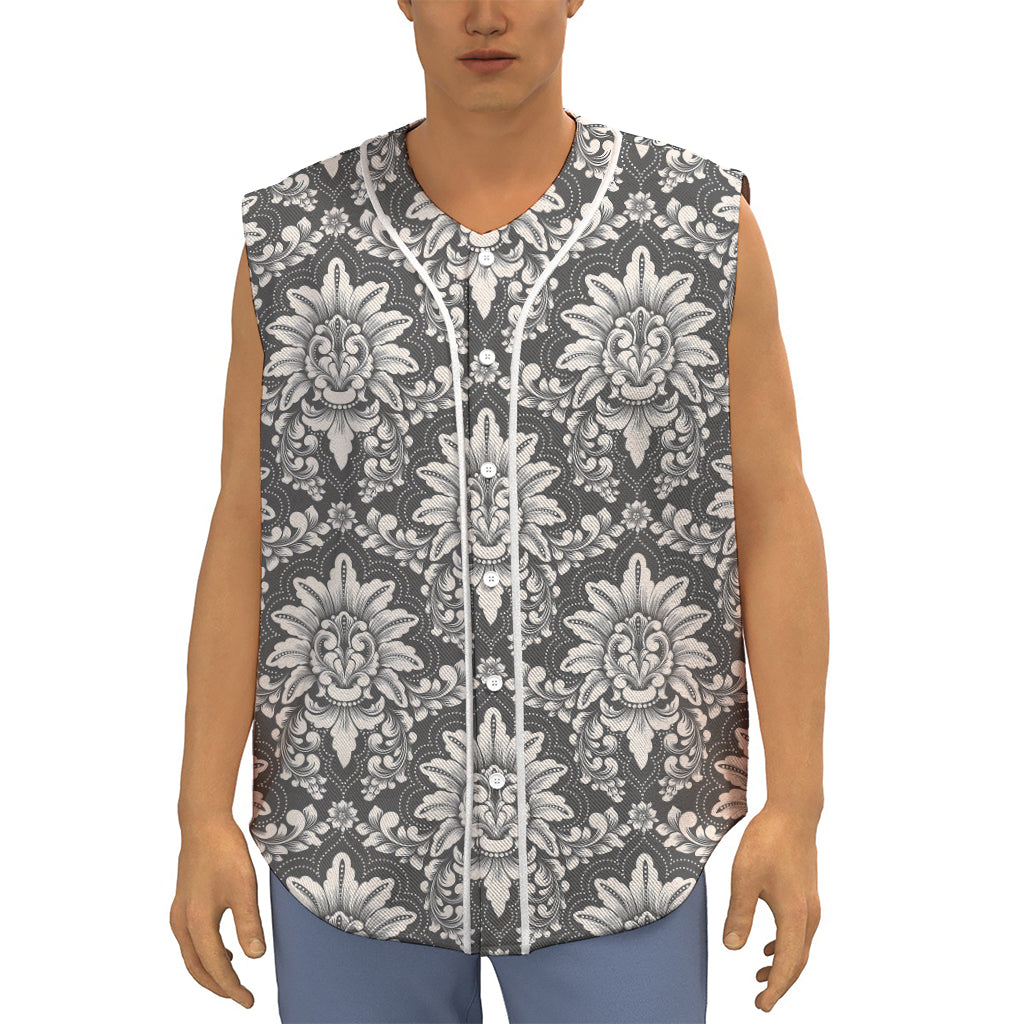 Grey Damask Pattern Print Sleeveless Baseball Jersey