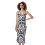 Grey Damask Pattern Print Slim Fit Midi Cami Dress