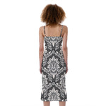 Grey Damask Pattern Print Slim Fit Midi Cami Dress