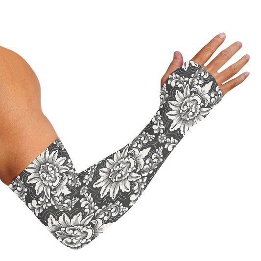 Grey Damask Pattern Print Sun Protection Arm Sleeves