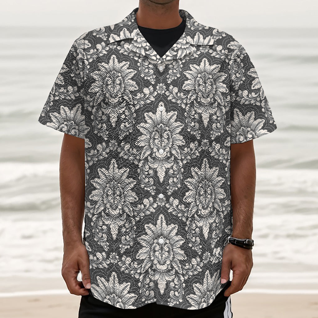 Grey Damask Pattern Print Textured Short Sleeve Shirt