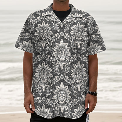 Grey Damask Pattern Print Textured Short Sleeve Shirt