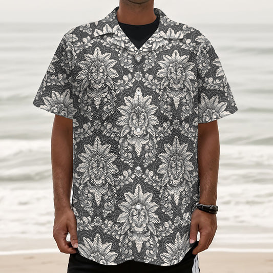 Grey Damask Pattern Print Textured Short Sleeve Shirt