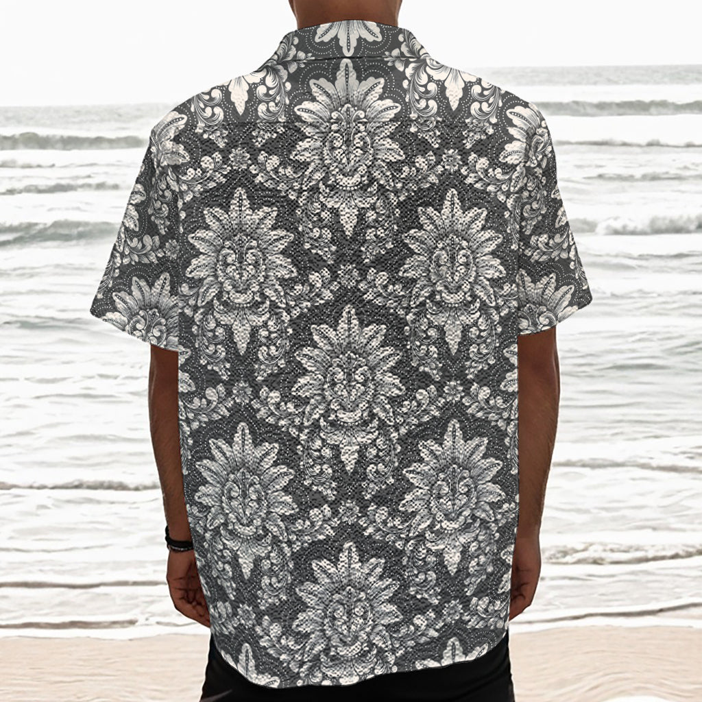 Grey Damask Pattern Print Textured Short Sleeve Shirt