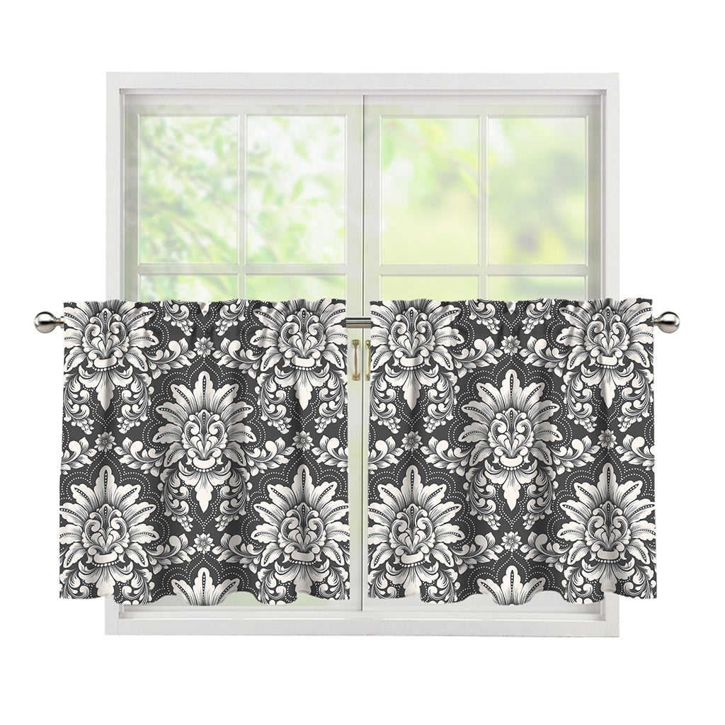 Grey Damask Pattern Print Tier Curtains