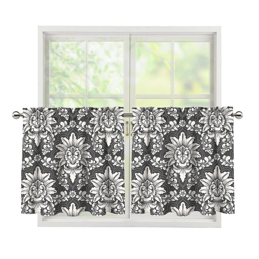 Grey Damask Pattern Print Tier Curtains