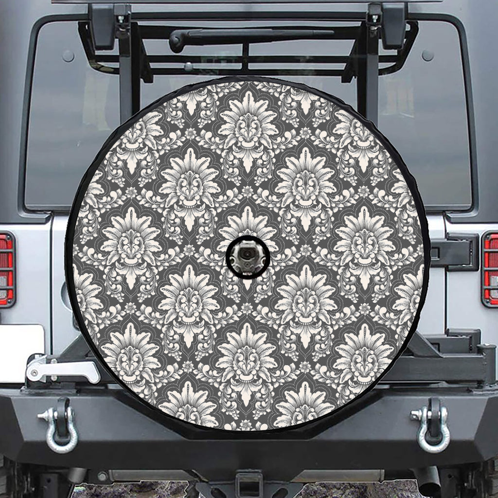 Grey Damask Pattern Print Tire Cover With Camera Hole