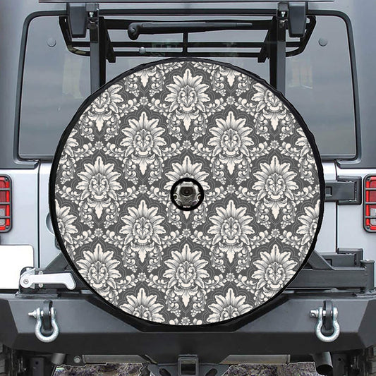 Grey Damask Pattern Print Tire Cover With Camera Hole