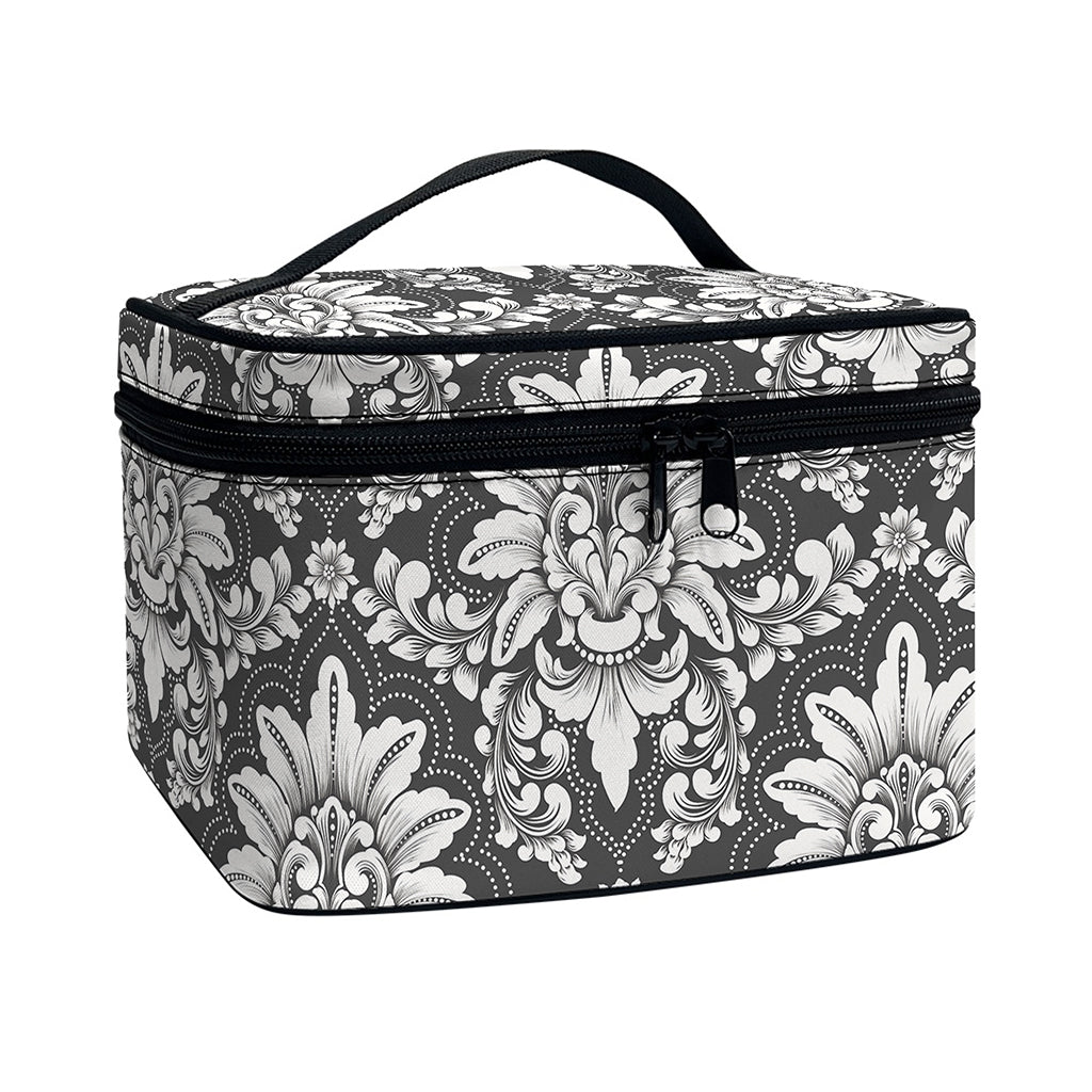 Grey Damask Pattern Print Travel Makeup Bag
