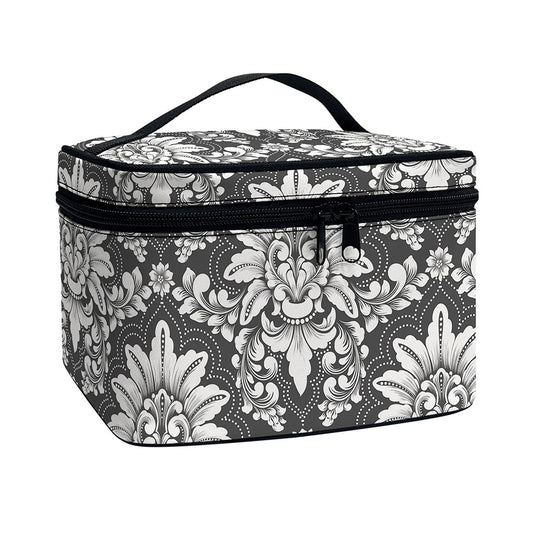 Grey Damask Pattern Print Travel Makeup Bag