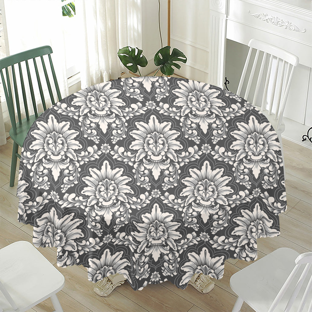 Grey Damask Pattern Print Waterproof Round Tablecloth