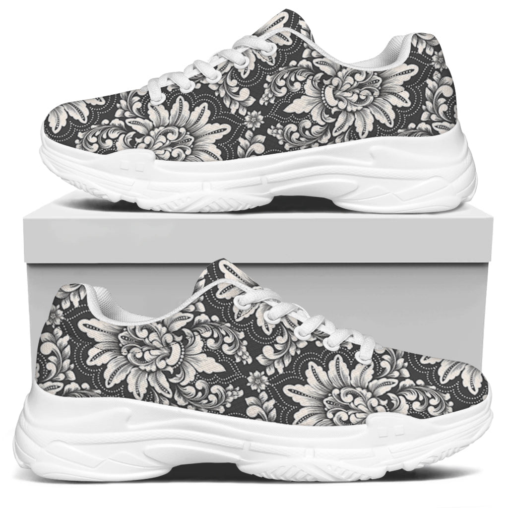 Grey Damask Pattern Print White Chunky Shoes