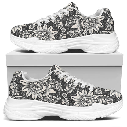 Grey Damask Pattern Print White Chunky Shoes