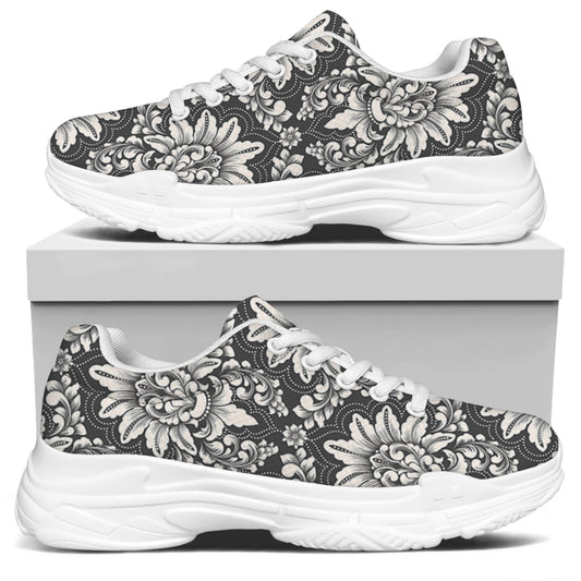 Grey Damask Pattern Print White Chunky Shoes