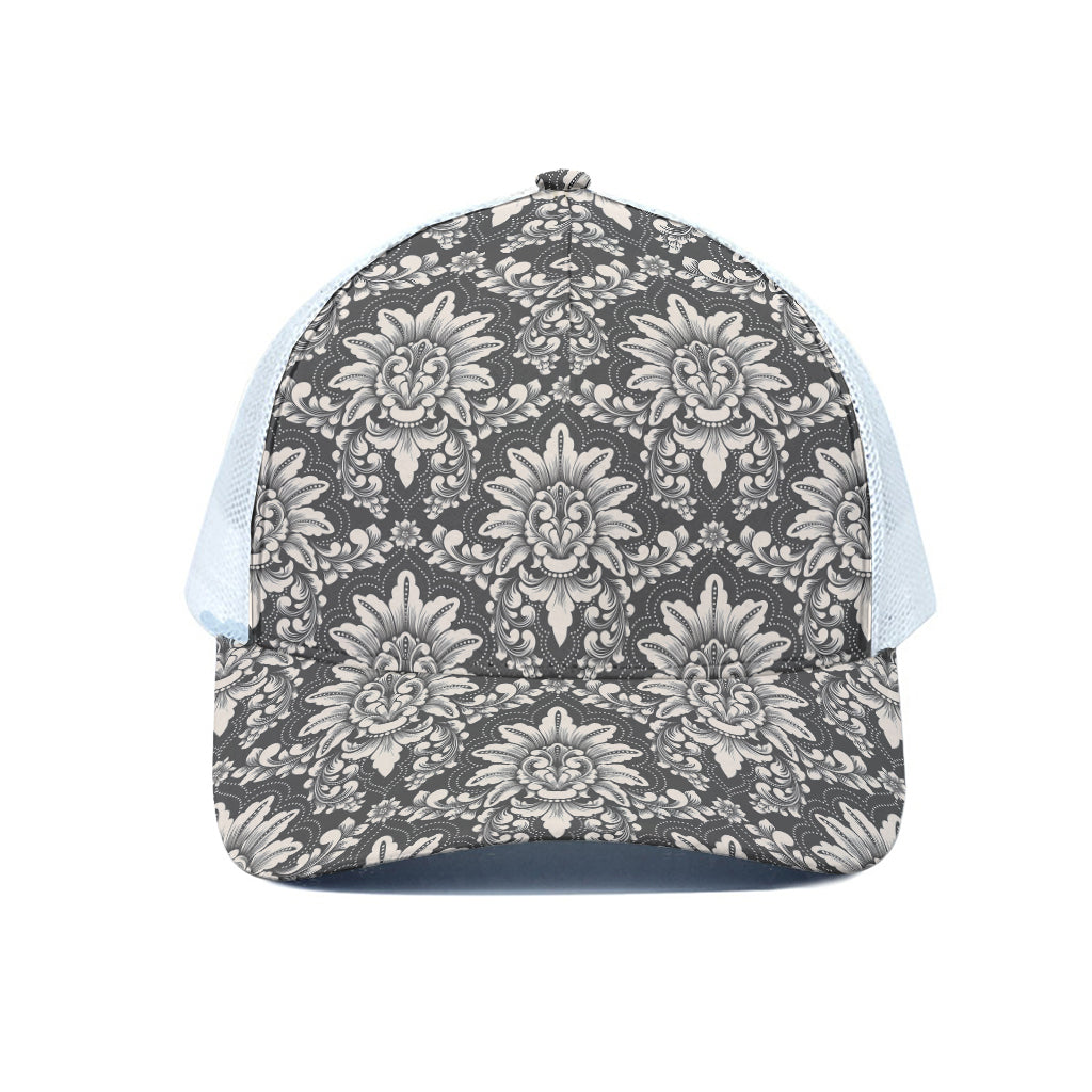 Grey Damask Pattern Print White Mesh Trucker Cap