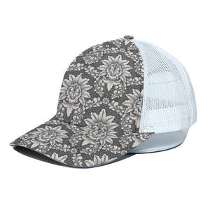 Grey Damask Pattern Print White Mesh Trucker Cap