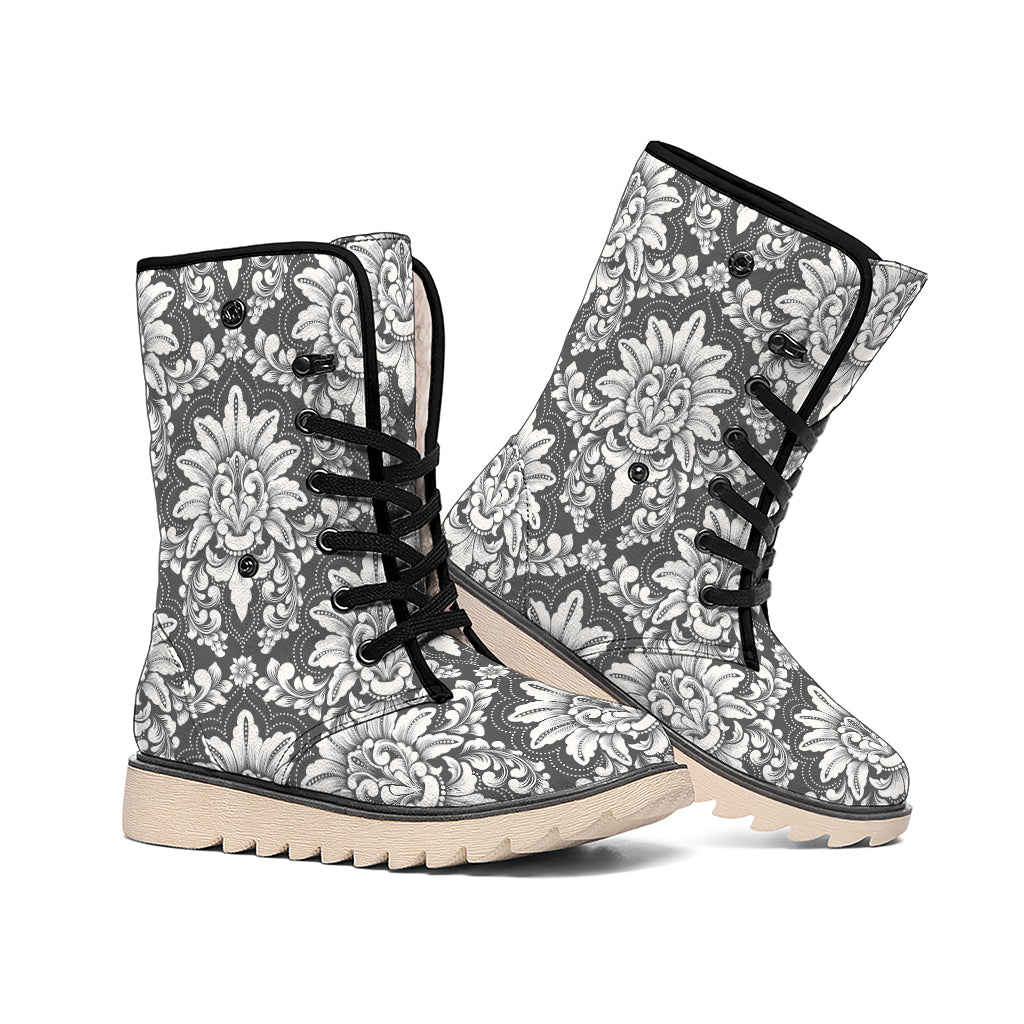 Grey Damask Pattern Print Winter Boots