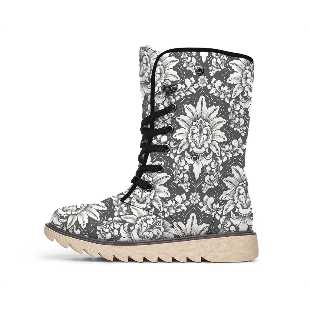 Grey Damask Pattern Print Winter Boots