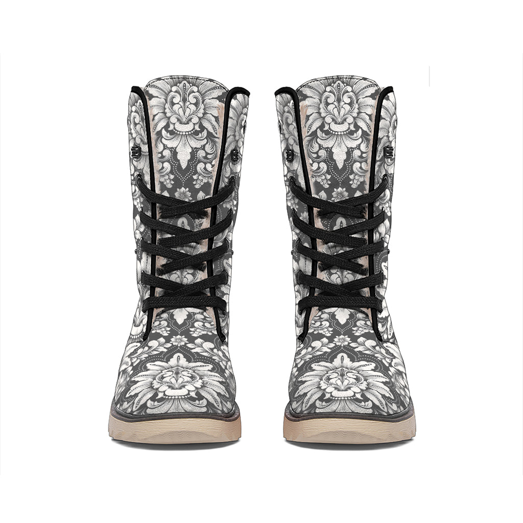 Grey Damask Pattern Print Winter Boots