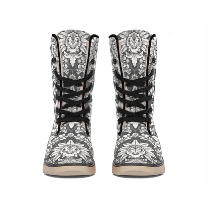 Grey Damask Pattern Print Winter Boots
