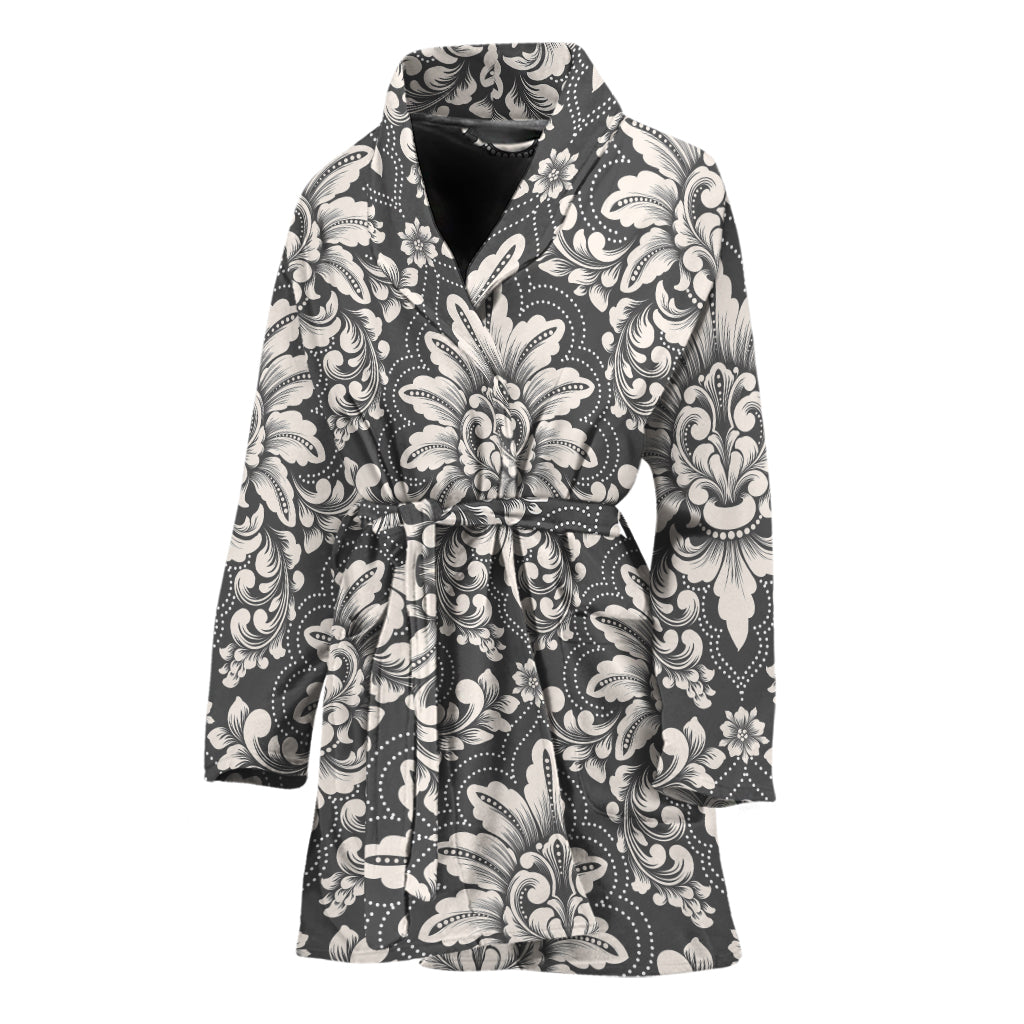 Grey Damask Pattern Print Women's Bathrobe