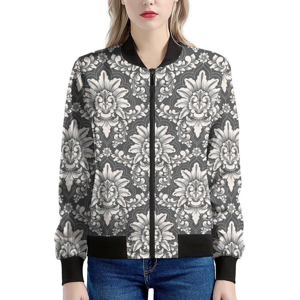 Grey Damask Pattern Print Women's Bomber Jacket