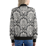 Grey Damask Pattern Print Women's Bomber Jacket