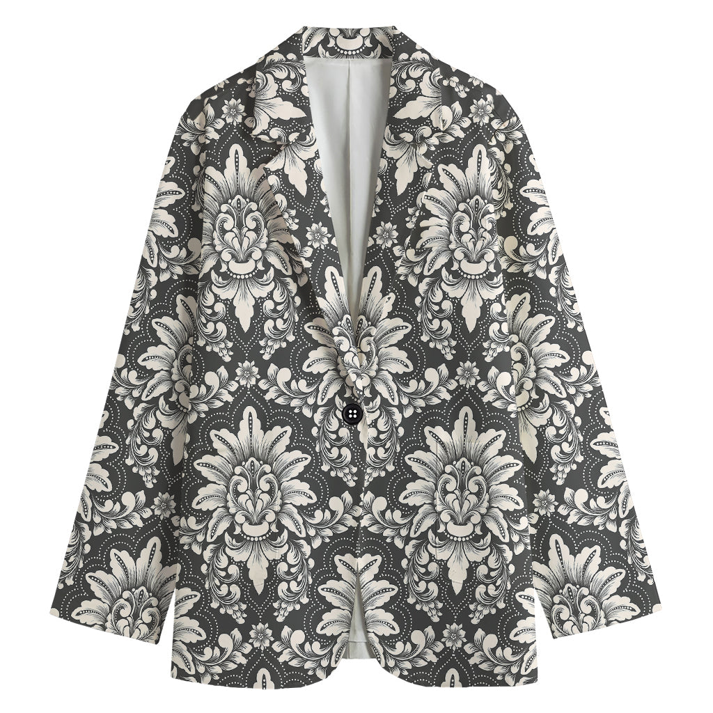 Grey Damask Pattern Print Women's Cotton Blazer