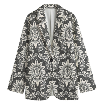 Grey Damask Pattern Print Women's Cotton Blazer