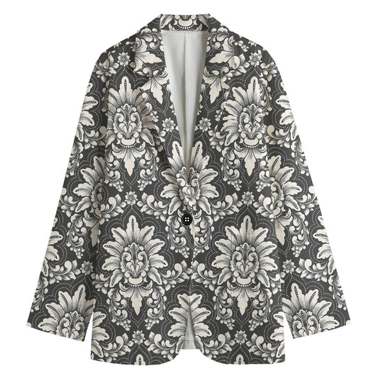 Grey Damask Pattern Print Women's Cotton Blazer