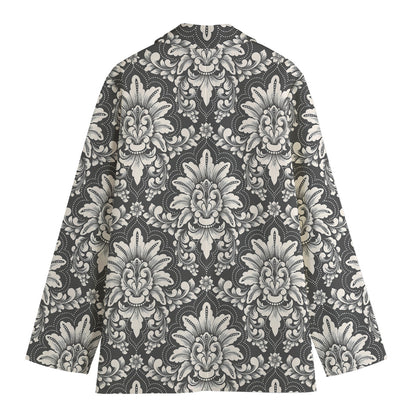 Grey Damask Pattern Print Women's Cotton Blazer