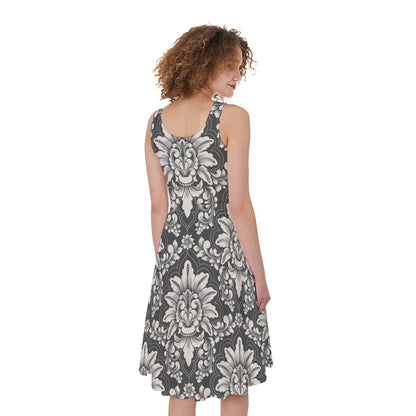 Grey Damask Pattern Print Women's Sleeveless Dress