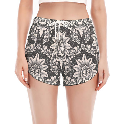 Grey Damask Pattern Print Women's Split Running Shorts