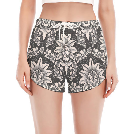Grey Damask Pattern Print Women's Split Running Shorts