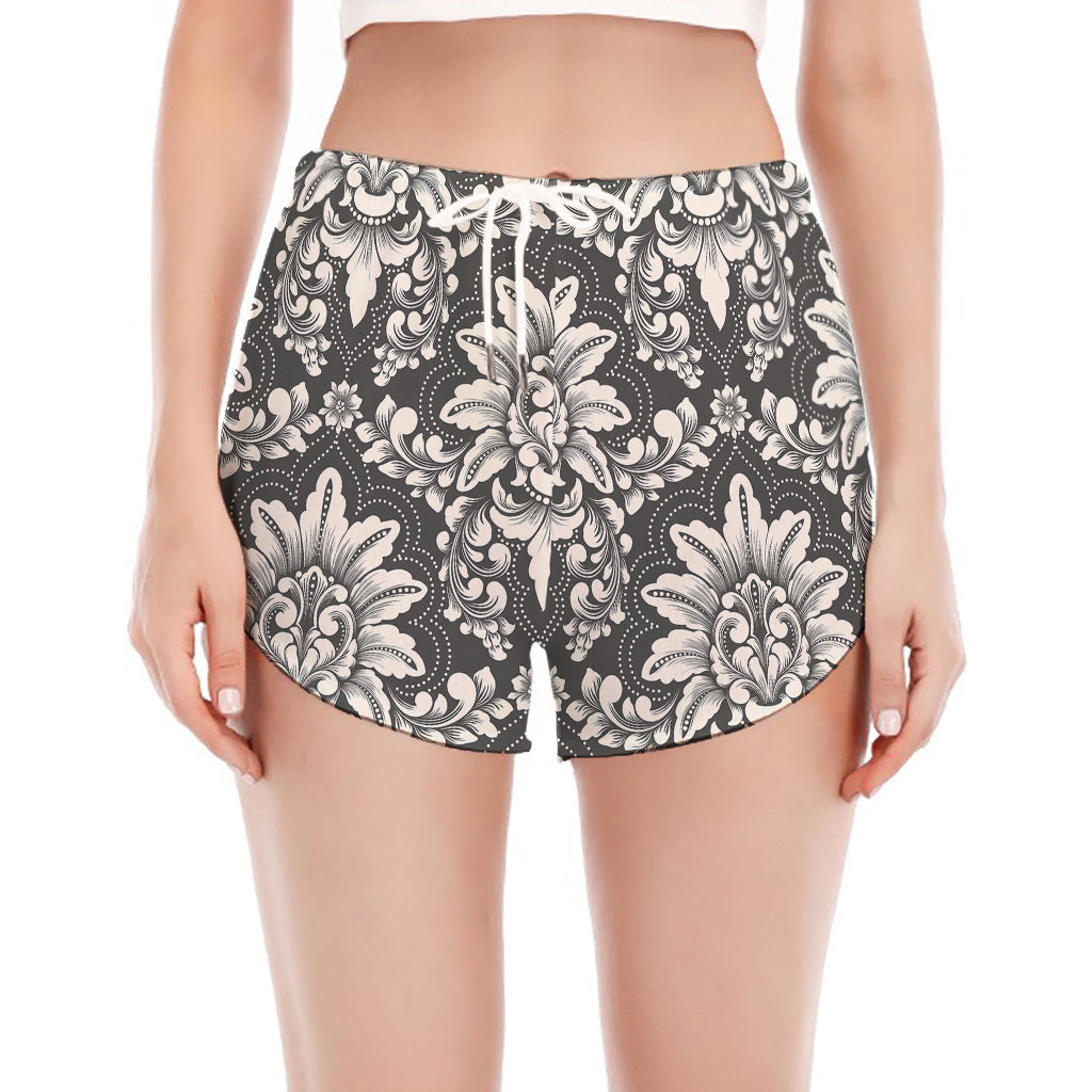 Grey Damask Pattern Print Women's Split Running Shorts