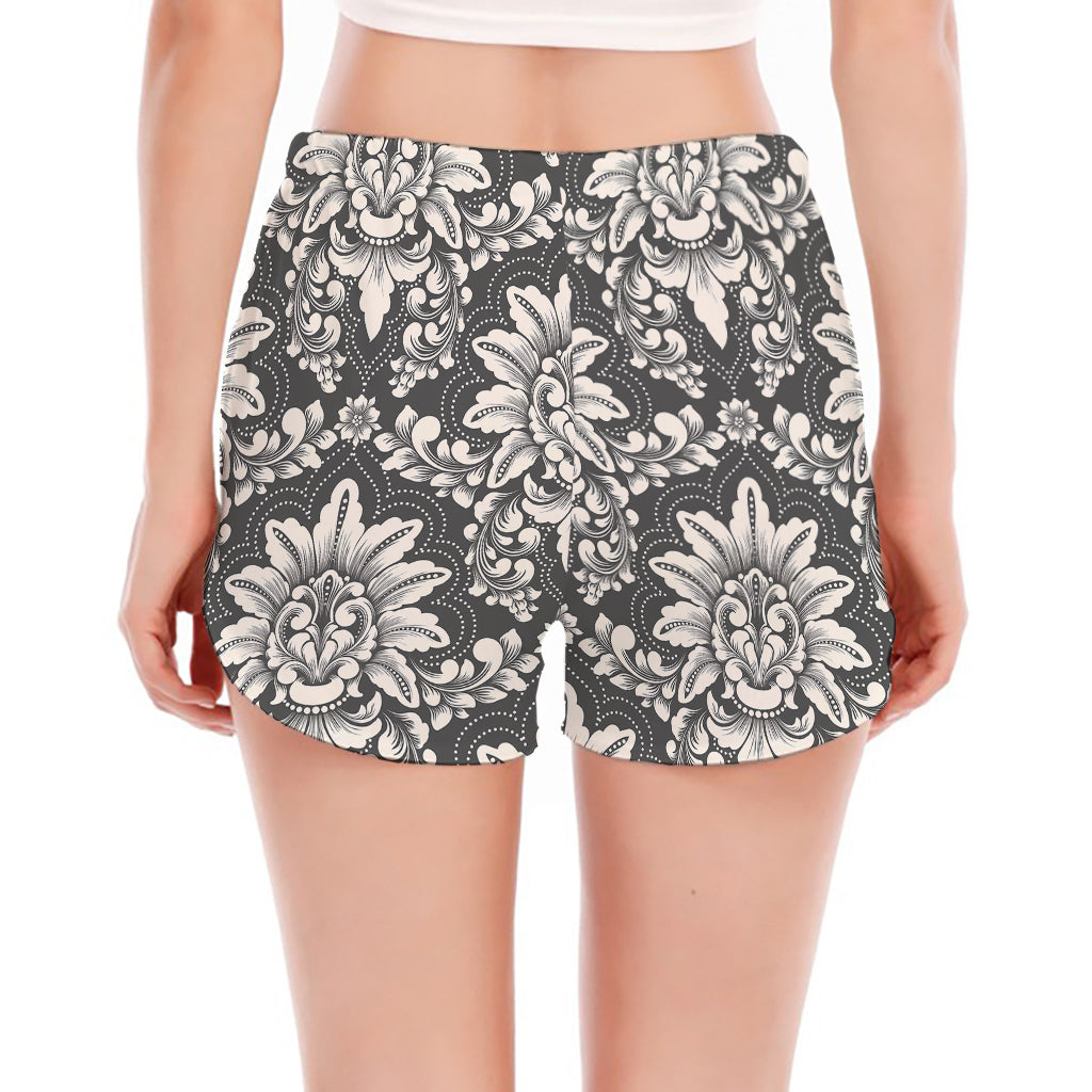 Grey Damask Pattern Print Women's Split Running Shorts