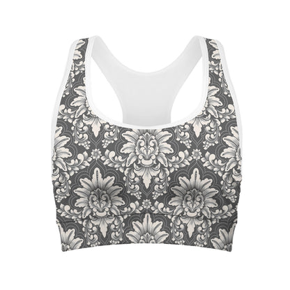 Grey Damask Pattern Print Women's Sports Bra