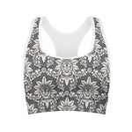 Grey Damask Pattern Print Women's Sports Bra